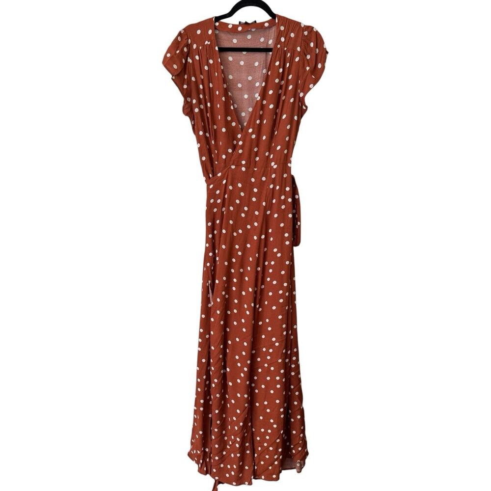 Fate By LFD Burnt Orange White Polka Dot V Neck Wrap Maxi Dress Size Medium